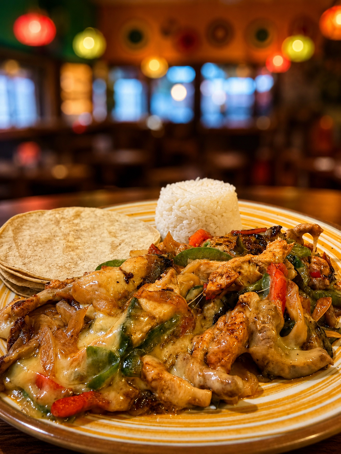 Fajitas de pollo con arroz, tortillas y verduras salteadas